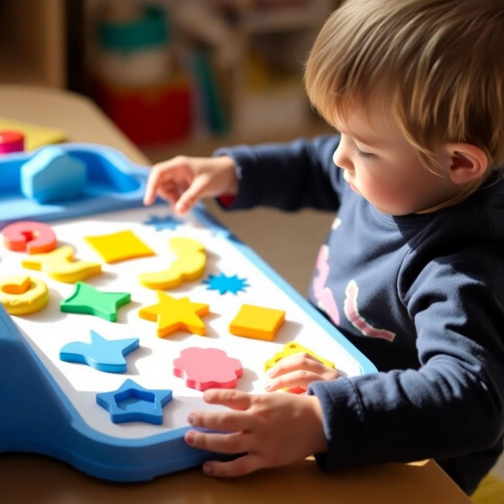 Create an image showing a child actively participating in a hands-on shape-related activity, such as using playdough to create shapes or using a shape-sorting toy. The overall mood should be bright, playful, and inviting.