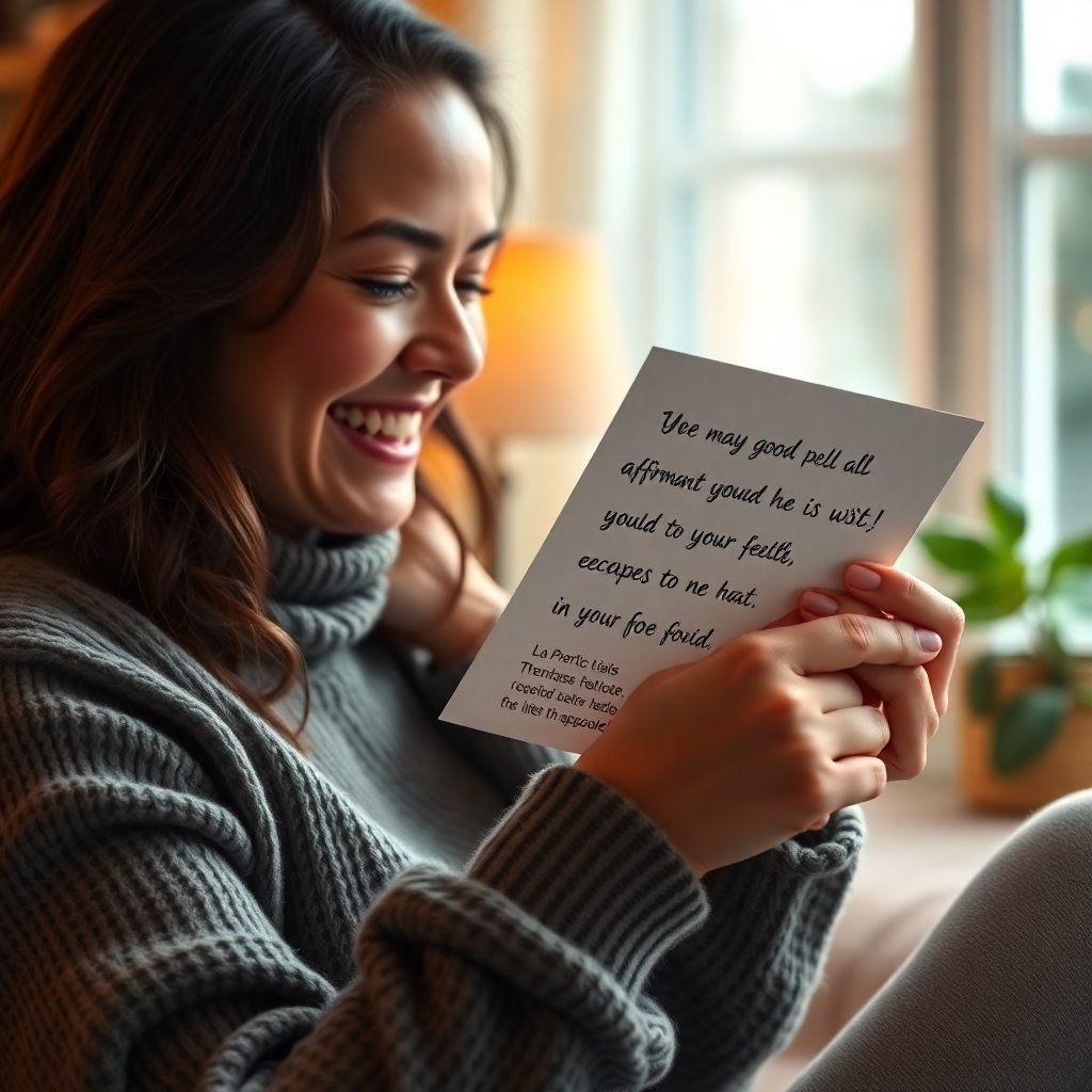 Create an image showing a person receiving a letter or message containing personalized affirmations. The scene is warm and inviting, with soft lighting and a sense of hope and encouragement. Focus on the person's expression of joy and relief. Photorealistic, high resolution.