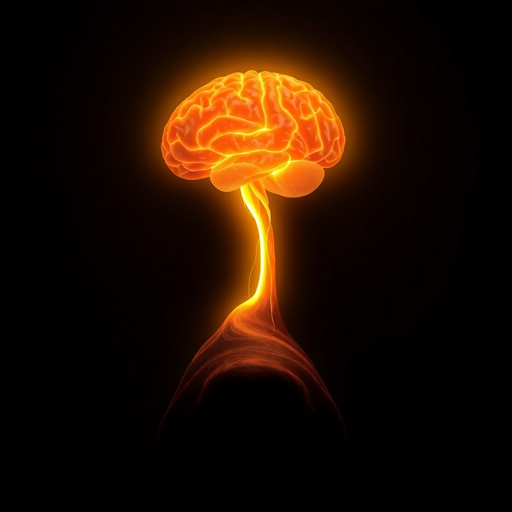 Create an image showing a silhouette of a person with their brain illuminated with golden light. The body is composed of raw meat textures. The light connects the brain to the rest of the body symbolizing the mind-body connection strengthened by affirmations and frequencies. The background is a dark, gradient studio setting.