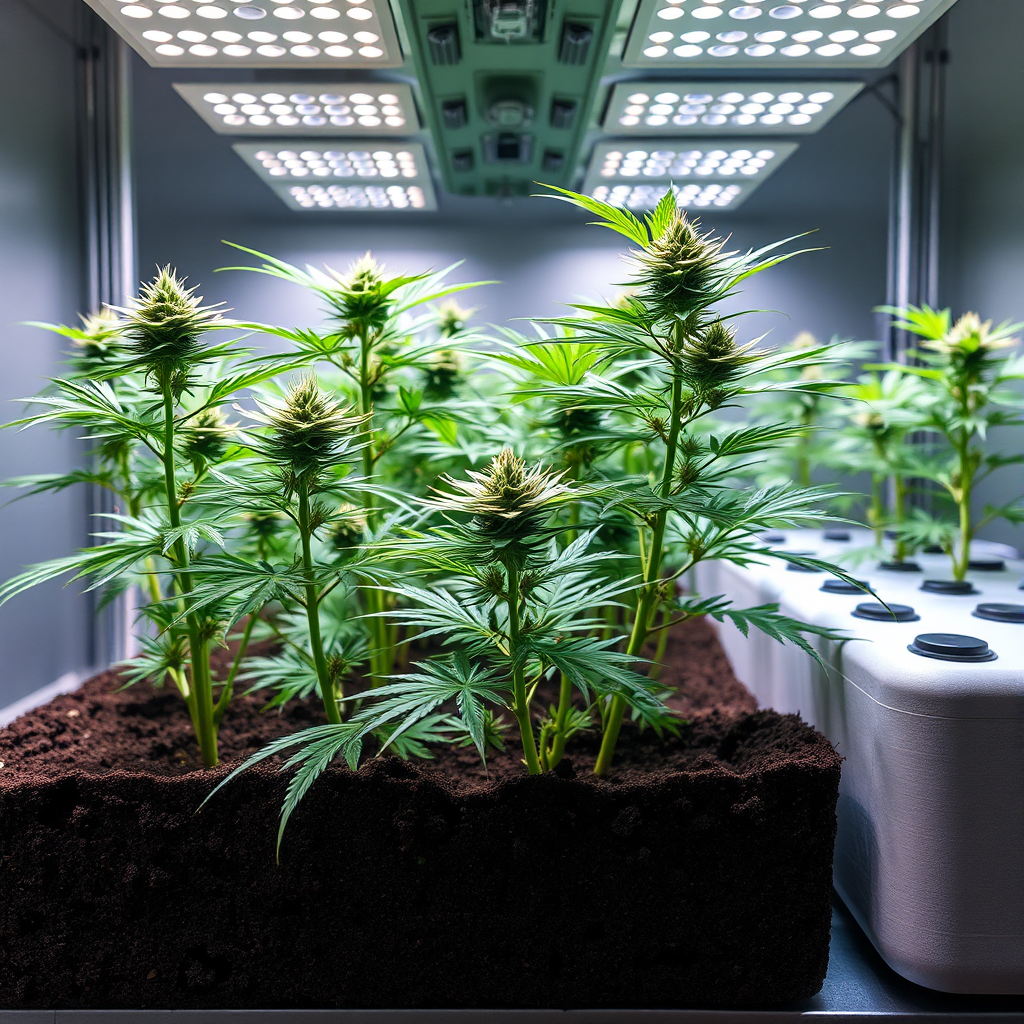 Create an image that blends the aesthetics of organic and synthetic cultivation. Show cannabis plants growing in a system that incorporates both soil and hydroponic elements, with balanced lighting and nutrient delivery. Style: Aesthetically pleasing, representing harmony and balance.