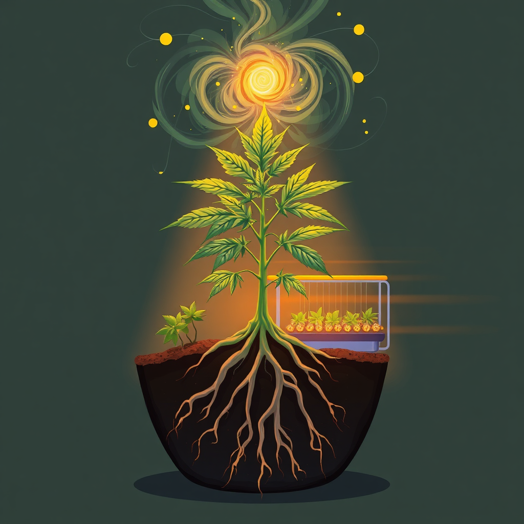 Depict a cannabis plant with roots extending into both organic soil and a hydroponic system. Above the plant, a swirling vortex of nutrients and energy represents the 'something else' factor. Lighting should be mystical and intriguing. Style: Semi-abstract illustration, using colors to represent different nutrient pathways.