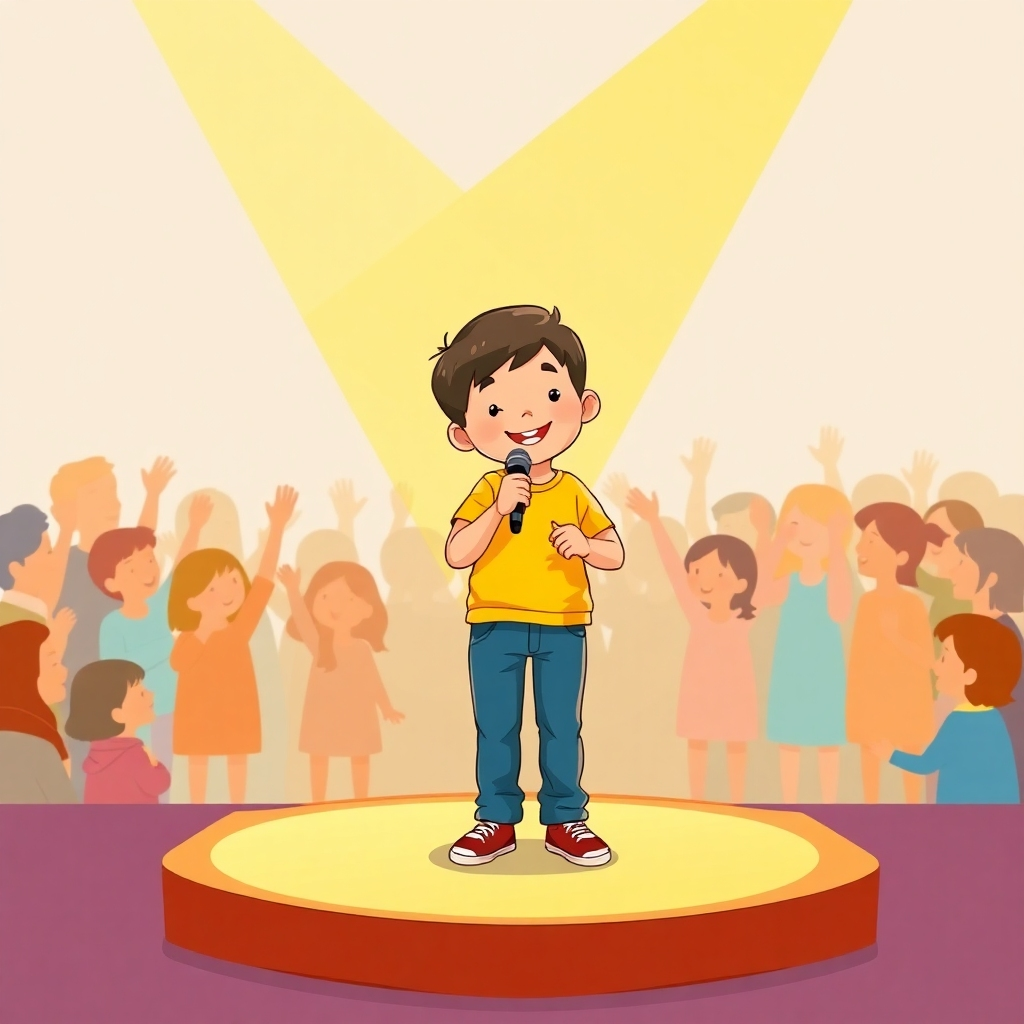 Depict a child confidently standing on a small stage, bathed in warm spotlight. They are holding a microphone and smiling brightly, having overcome their fear. The backdrop is a simple, colorful illustration of supportive figures cheering. The color palette consists of vibrant yellows, oranges, and blues. Create a sense of accomplishment and empowerment through body language and lighting. The style should resemble a heartwarming children's book illustration.