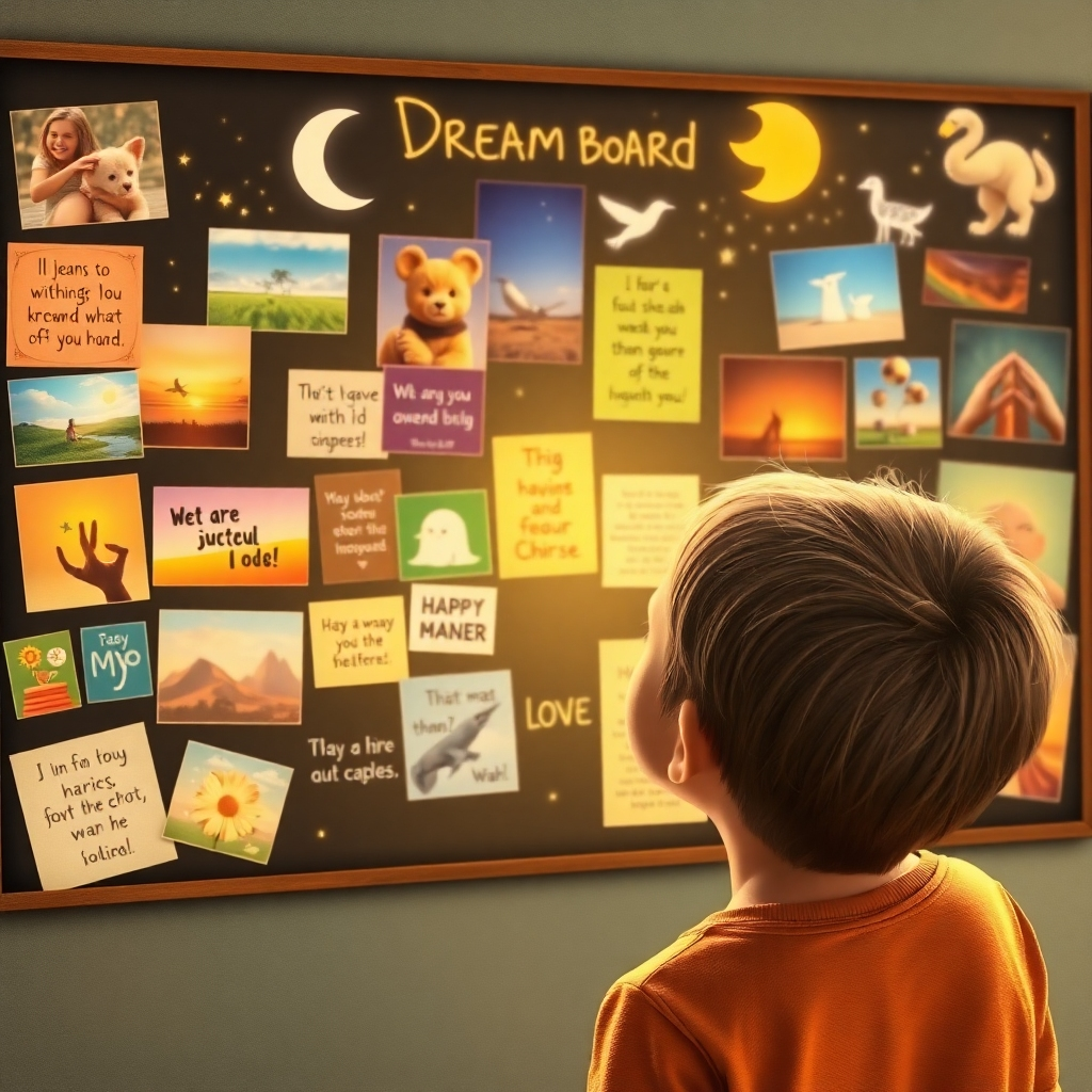 Depict a child gazing at a dream board filled with inspiring images and affirmations. As they focus on the board, the images begin to come to life and float towards them, symbolizing the manifestation of their dreams. Use warm, inviting colors and a sense of wonder in 4K.