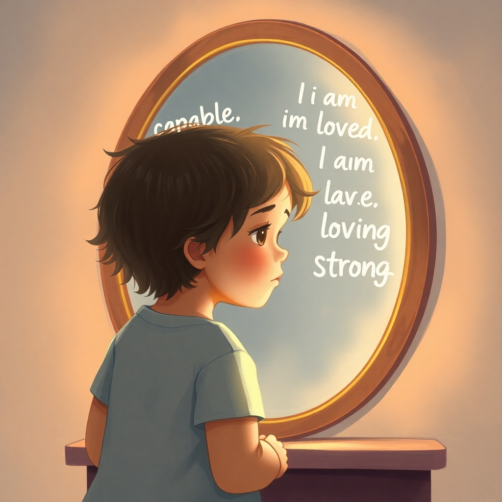 Depict a child looking at their reflection in a mirror. Instead of seeing their physical appearance, they see words of affirmation like 'I am capable,' 'I am loved,' and 'I am strong' radiating from the reflection. The style should be semi-realistic with a dreamlike quality, using soft lighting and a gentle color palette.