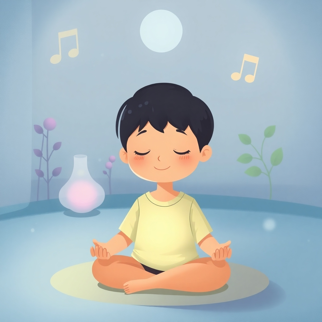 Depict a child meditating peacefully in a serene environment. The child is surrounded by calming elements such as soft lighting, gentle music, and soothing nature sounds. Use a muted and calming color palette with blues, greens, and purples. The overall scene should convey relaxation and tranquility.