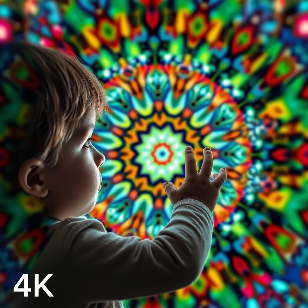 Depict a child observing a kaleidoscope. The patterns inside the kaleidoscope change depending on where the child focuses their attention, illustrating how observation shapes reality. Use vibrant colors and intricate patterns in 4K.