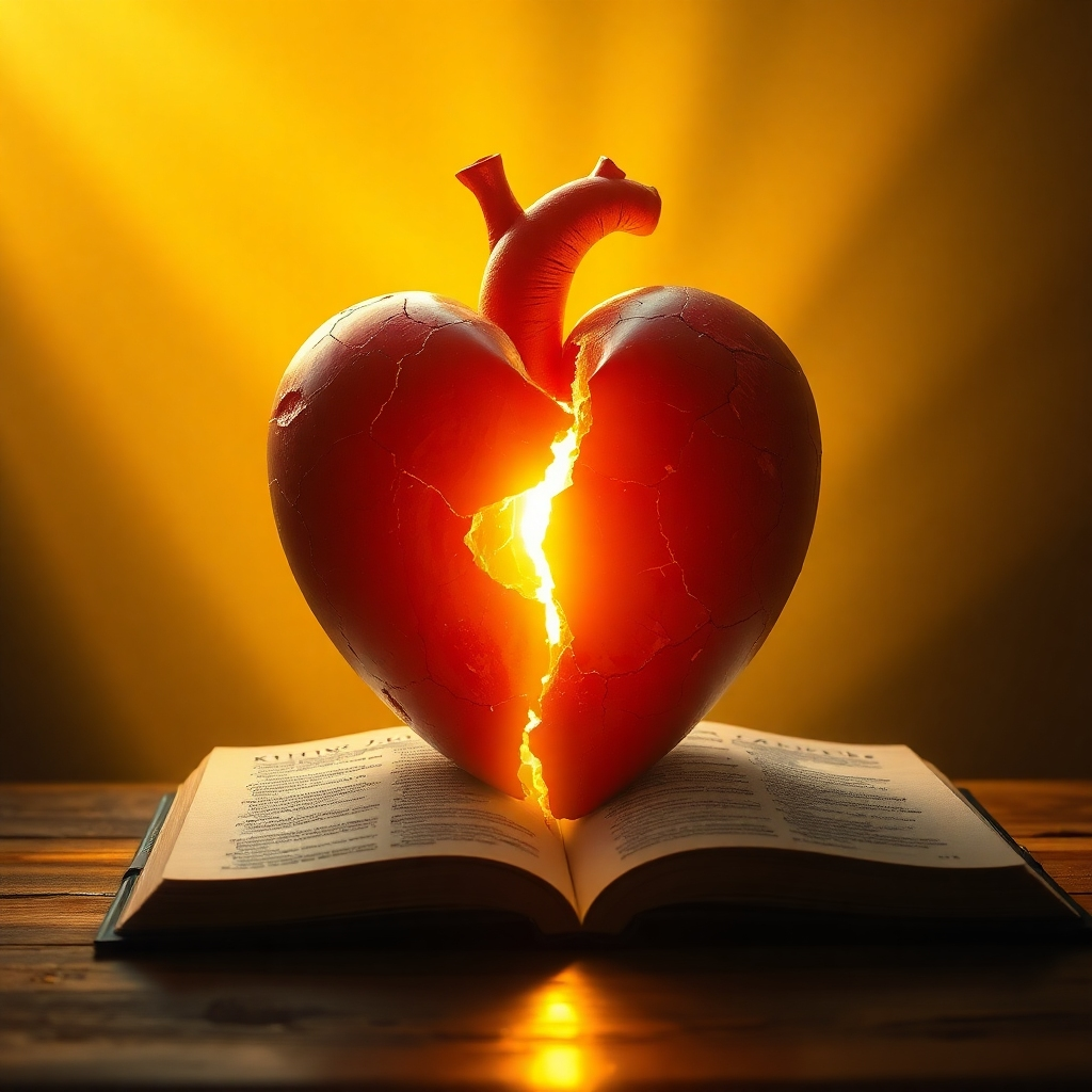Depict a cracked, but slowly mending heart, bathed in golden light. The light emanates from an open King James Bible, and gentle solfeggio frequencies are visualized as shimmering waves surrounding the heart. The scene should evoke feelings of hope, healing, and resilience. Style: Stylized, symbolic, 4K resolution.