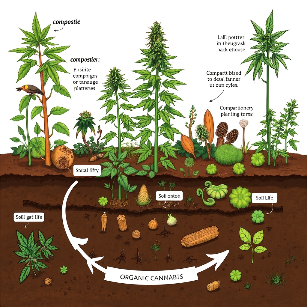 Depict a detailed illustration of a thriving organic cannabis garden, showcasing composting techniques, companion planting, and diverse soil life. Focus on the cyclical nature of the ecosystem. Style: Detailed, educational illustration, reminiscent of a botanical guide.