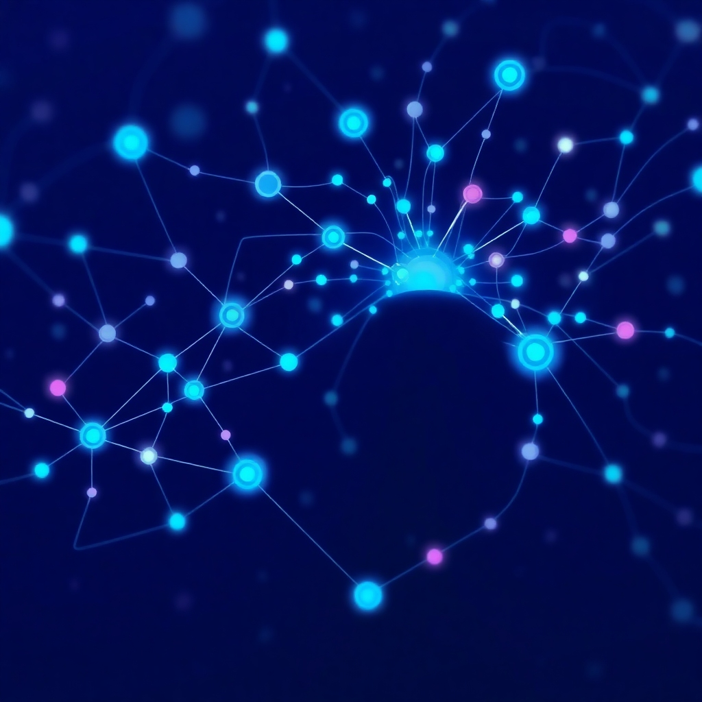 Depict a flowing network of interconnected nodes, representing AI algorithms, seamlessly integrating with a user's workflow. The user appears relaxed and efficient. Use a vibrant color palette of blues, purples, and greens to symbolize intelligence. Style: Abstract and futuristic.