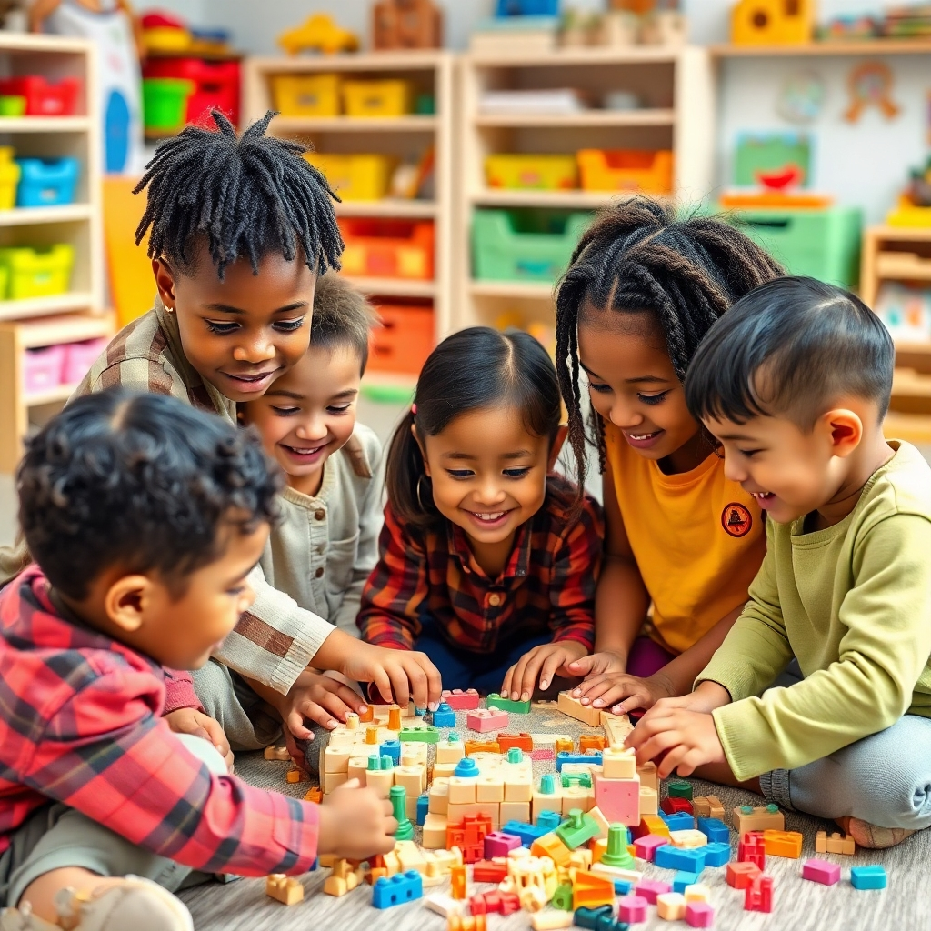  Depict a group of children collaborating on a complex puzzle or building project, showcasing teamwork and problem-solving skills. The children are diverse and engaged, with smiles on their faces. The background is a bright and stimulating learning environment filled with educational toys and materials. The style should be photorealistic with a focus on capturing the children's energy and enthusiasm. Technical specs: 4K resolution, high quality.