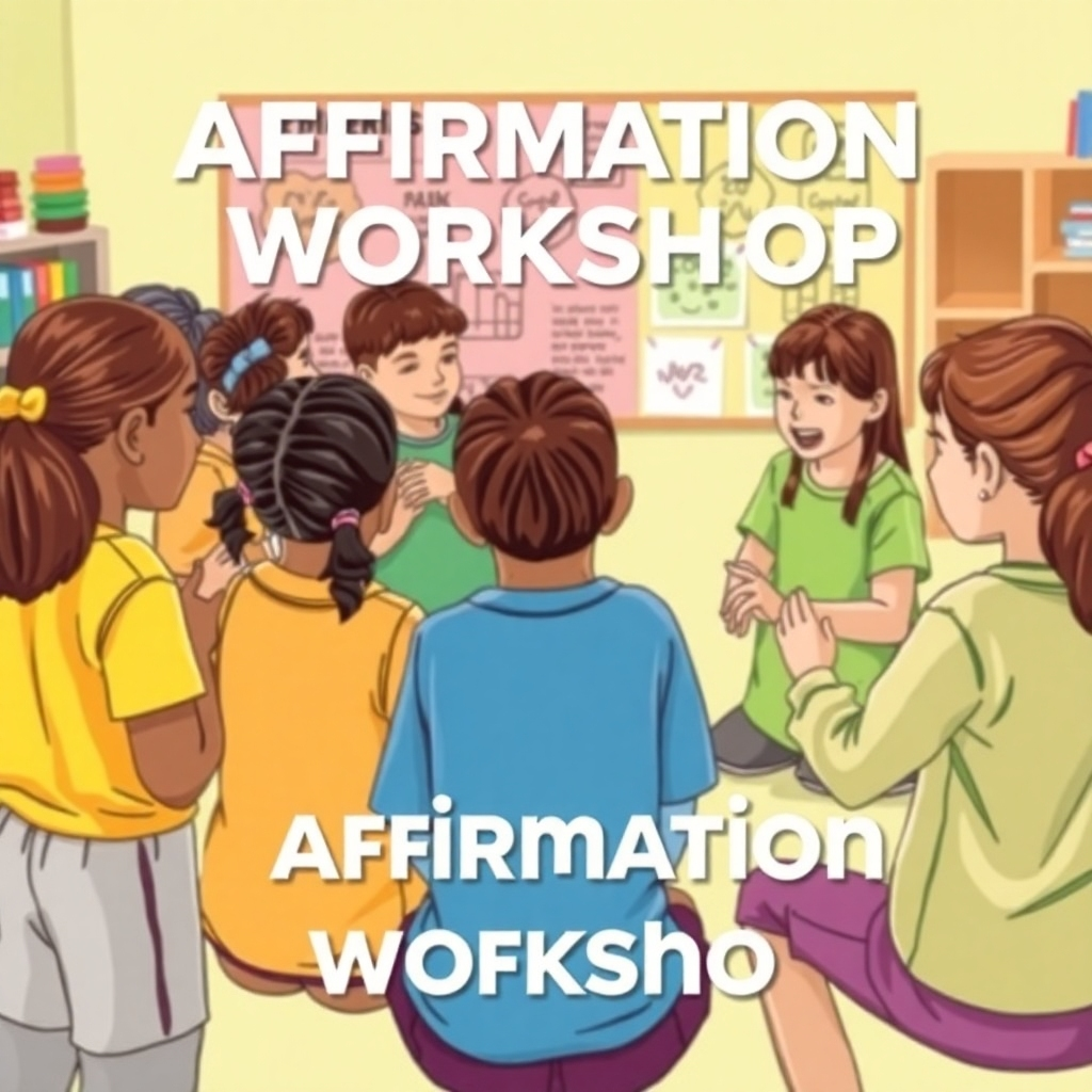Depict a group of children participating in an affirmation workshop. They are engaged in activities like creating vision boards or role-playing positive scenarios. The setting is bright and colorful, with energetic body language and expressions. Focus on showcasing the collaborative and engaging nature of the workshops.