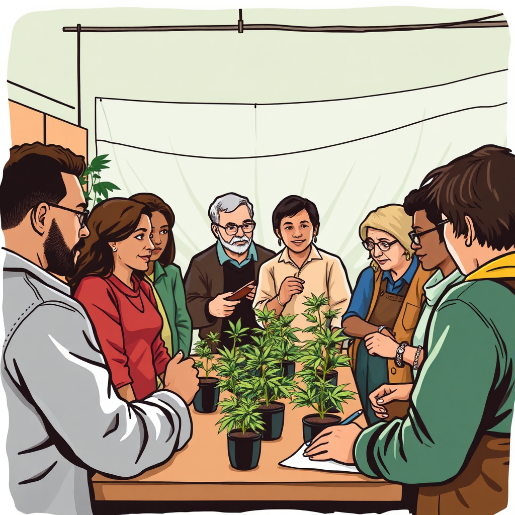 Depict a group of Norfolk residents gathered at a community workshop, sharing tips and techniques for home cannabis cultivation. The atmosphere is friendly and supportive. The color palette should be vibrant and inclusive. The style should evoke a sense of community and collaboration.