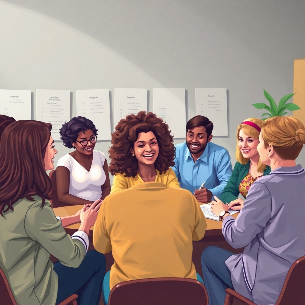 Depict a group of people participating in an affirmation workshop, engaging in activities and sharing positive energy. The scene should convey community, learning, and empowerment. Style: Photorealistic, vibrant.
