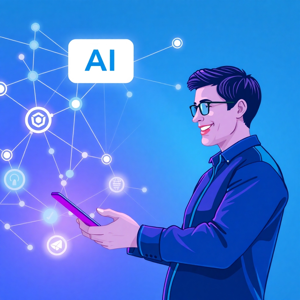 Depict a network of interconnected nodes, representing AI algorithms, seamlessly flowing into a user's workflow. The user is smiling and relaxed, effortlessly managing complex tasks on their device. Use a vibrant color palette with blues, purples, and greens to symbolize intelligence and efficiency. The background should be clean and modern. Style: Stylized, high-tech visualization, focusing on the seamless integration of AI.
