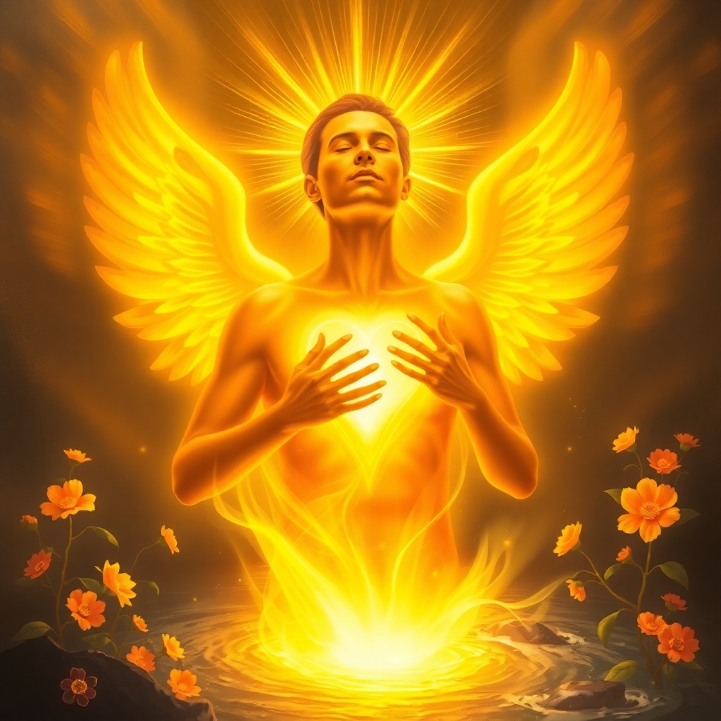 Depict a person bathed in golden light, their heart glowing with a warm, healing energy. Surrounding them are symbols of spiritual growth and renewal, such as blooming flowers and flowing water. The overall feeling should be one of hope and restoration.