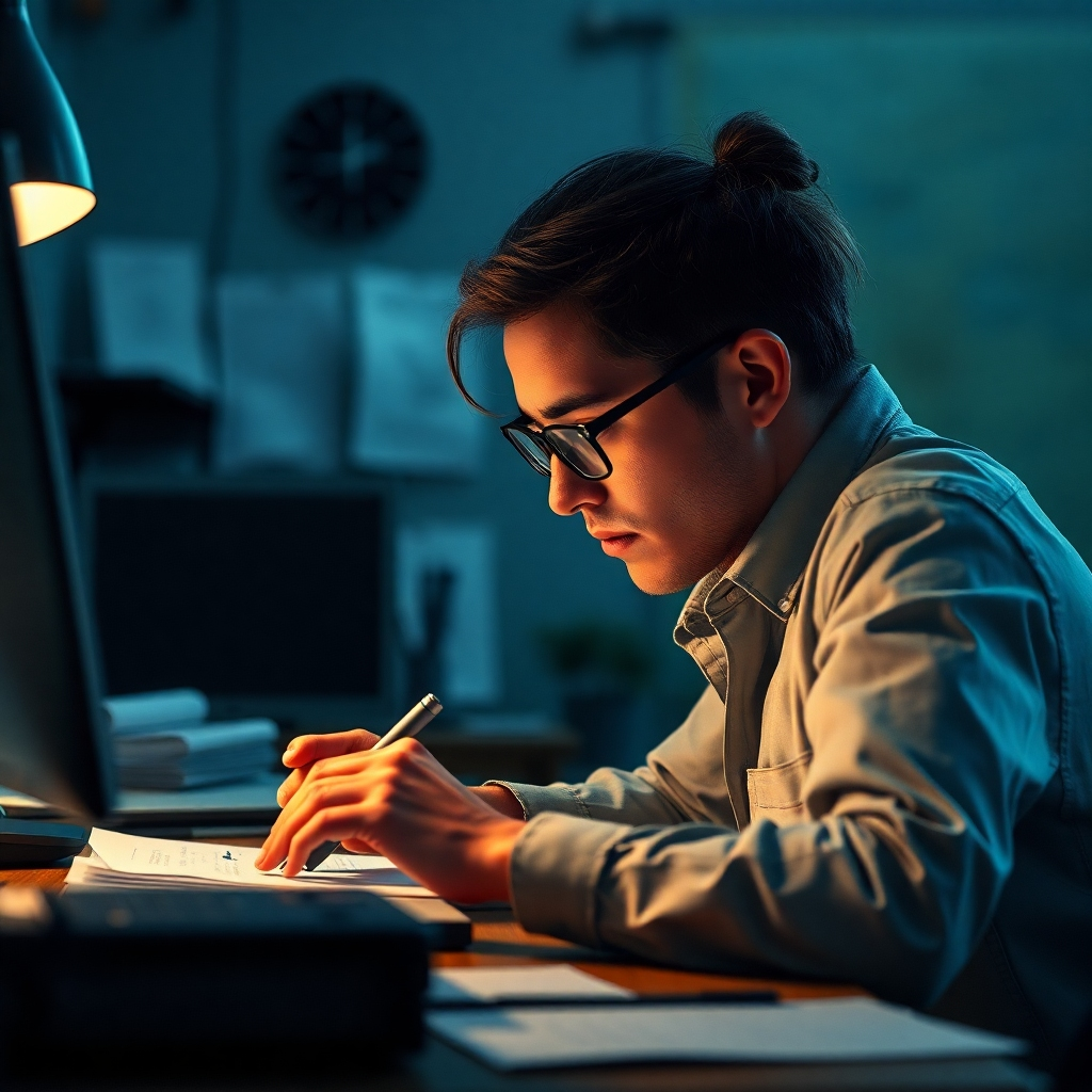 Depict a person deeply immersed in their work, with a laser-like focus on the task at hand. The environment is calm and organized, promoting concentration. Style: Photorealistic, detailed.