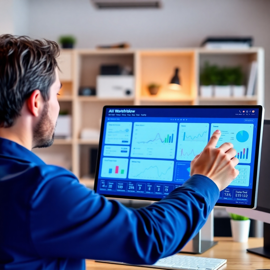Depict a person effortlessly managing a complex workflow on a single screen, using AI-powered tools. The screen displays data visualizations, automated processes, and real-time analytics. Use a color palette of blues and purples to symbolize intelligence and efficiency. The background should be a blurred image of a busy home office. Style: Modern, high-tech, and visually appealing.