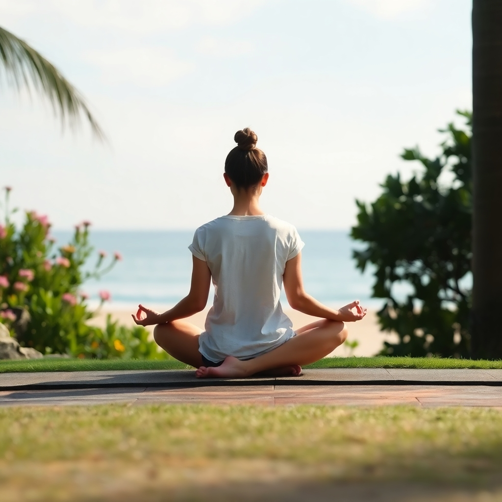 Depict a person meditating in a peaceful environment, such as a serene garden or a quiet beach. The focus is on their inner calm and tranquility. Style: Photorealistic, tranquil.