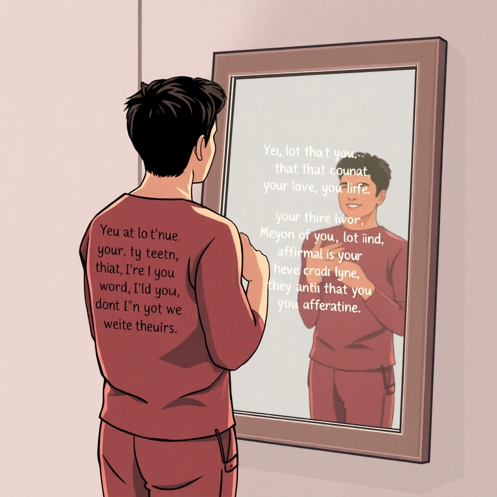 Depict a person standing in front of a mirror, reciting affirmations with confidence and conviction. Their reflection is glowing with positive energy. Style: Empowering, confident, and reflective.
