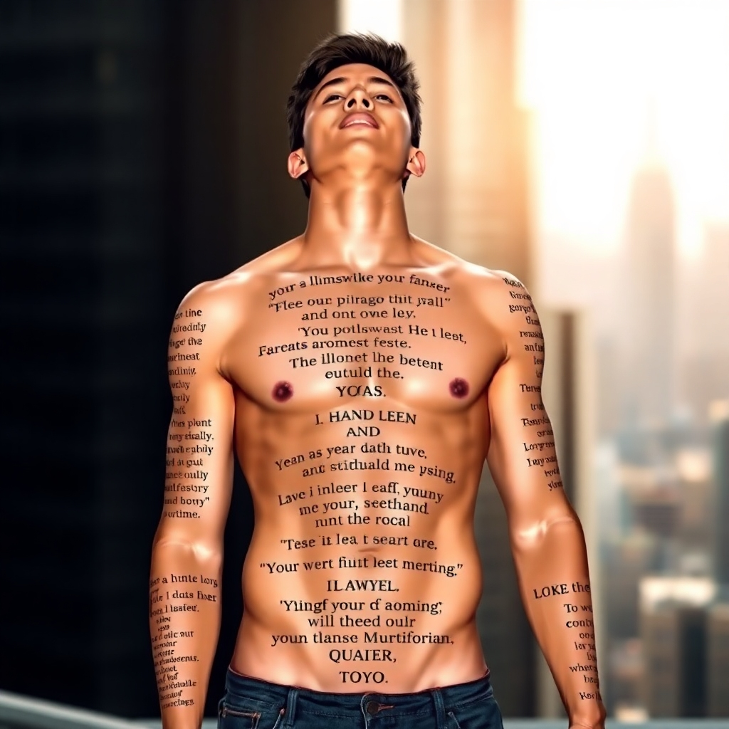 Depict a person standing tall, radiating confidence, with affirmations inscribed on their skin like ancient glyphs. The background should be a cityscape blurred and receding behind them. Style: Strong, empowering, and transformative.