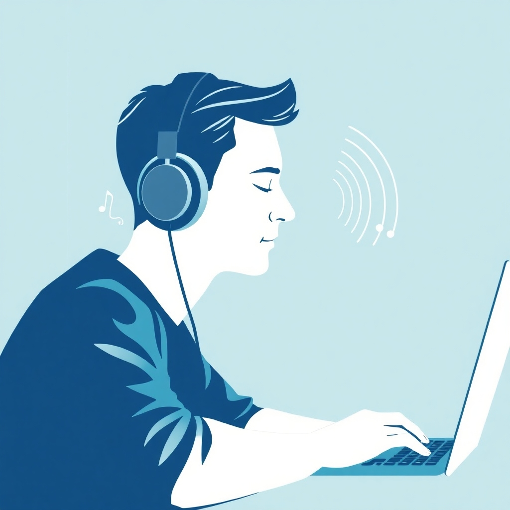 Depict a person wearing headphones, deeply focused on their work. Subtle sound waves are visualized around them, representing the calming frequencies. Use a calming color palette of blues and greens to promote relaxation and focus. The background is a minimalist workspace. Style: Abstract, emphasizing the power of sound.