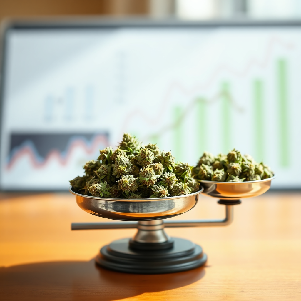 Depict a set of scales. On one side, a pile of organically grown cannabis buds overflowing the pan. On the other side, synthetically grown buds. The scales are subtly tipped towards the organic side, with the background a blurry montage of scientific graphs, indicating research data is involved. The lighting is natural and bright. Style: Modern infographic illustration.