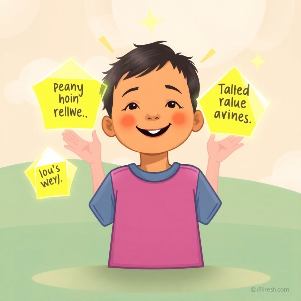 Depict a stylized image of a child surrounded by glowing geometric shapes, each shape emitting a positive affirmation. Use bright, cheerful colors and a soft, dreamy art style. The background should be a calming, pastel scene, suggesting a serene learning environment.