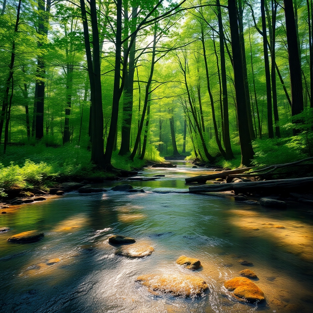 Depict a tranquil forest scene with a clear, flowing stream. The sunlight filters through the trees, creating a dappled effect on the water. The overall feeling should be one of peace, tranquility, and restoration of inner balance.