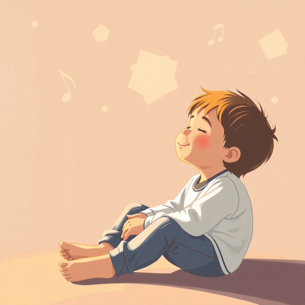 Depict an image of a child peacefully sitting and listening to calming music with geometric shapes appearing around them, symbolizing learning and understanding. Soft light and warm colors should create a calming and joyful scene.