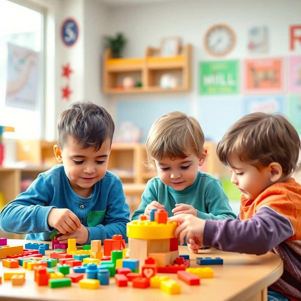 Depict children actively engaged with various educational tools, such as building blocks, puzzles, and interactive learning games. The children are collaborating and learning together in a supportive environment. The background is a bright and stimulating classroom setting. The style should be photorealistic with a focus on capturing the children's engagement and enthusiasm. Technical specs: 4K resolution, high quality.