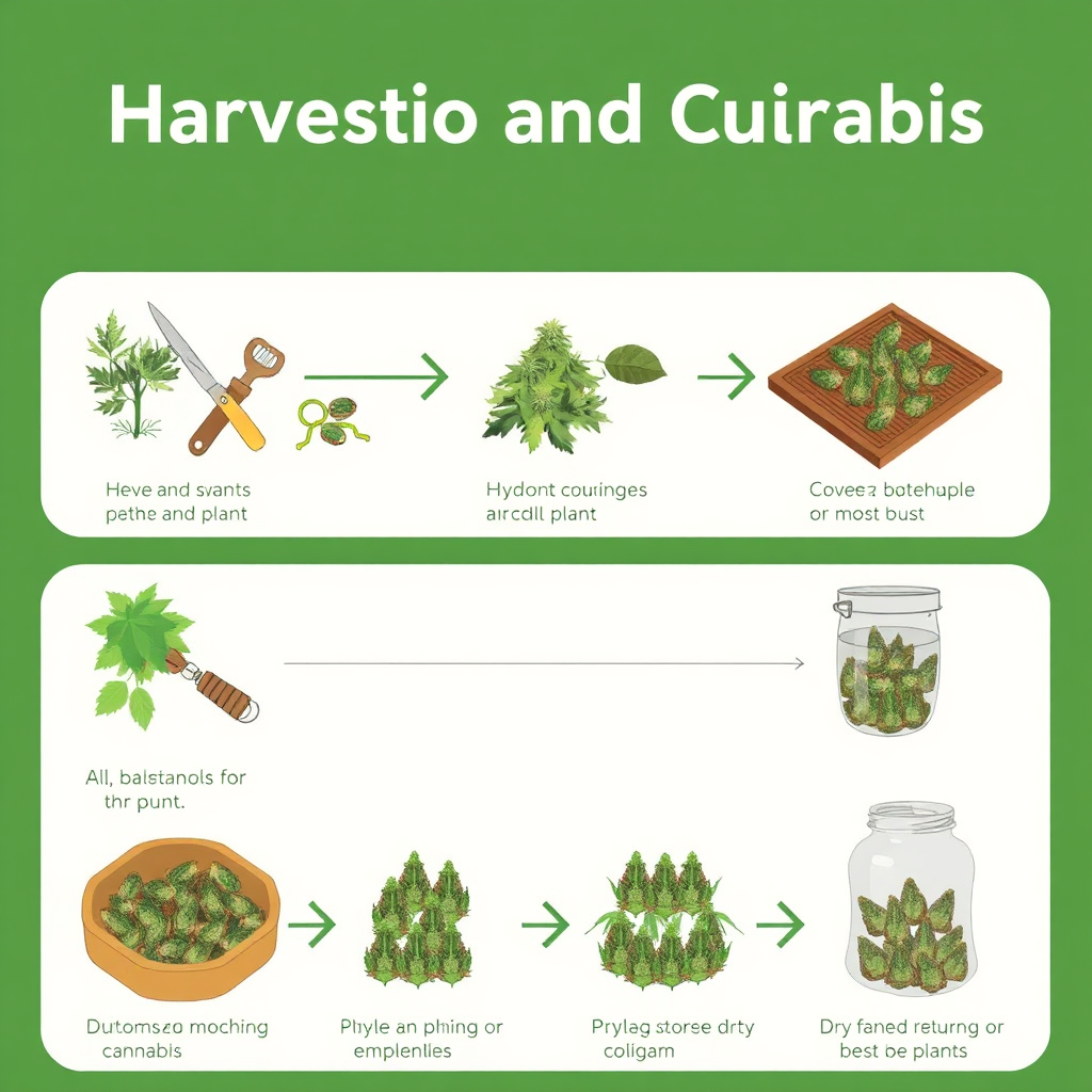 Depict the process of harvesting and curing cannabis, showing the various stages from cutting the plants to drying and storing the buds. Use a step-by-step visual guide to illustrate the process. The style should be clear, concise, and easy to follow.
