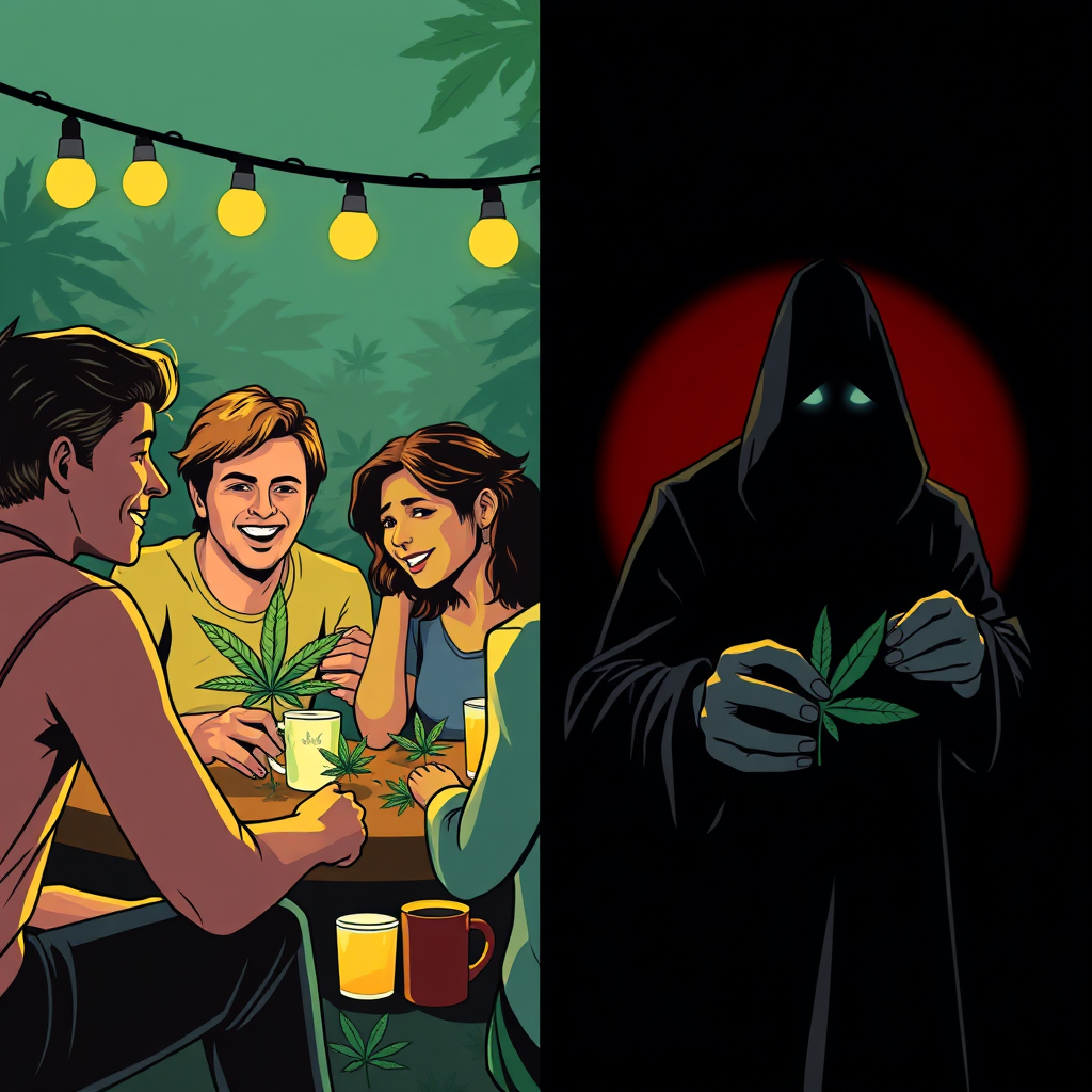 Depict two contrasting scenes side-by-side. On one side, show a friendly gathering where cannabis is being shared responsibly among adults. On the other side, show a shadowy figure engaged in an illegal cannabis transaction. Use contrasting color palettes to differentiate the legal and illegal activities. The legal scene should be bright and inviting, while the illegal scene should be dark and ominous. The style should be evocative and cautionary.