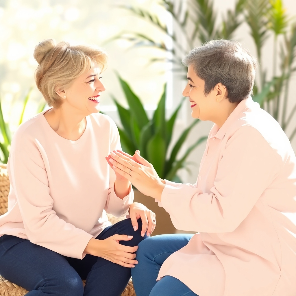Depict two people sitting face-to-face in a peaceful setting, engaged in a supportive and empathetic conversation. One person is guiding the other with gentle gestures and a warm smile. The background should be soft and inviting, with natural elements such as plants and sunlight.