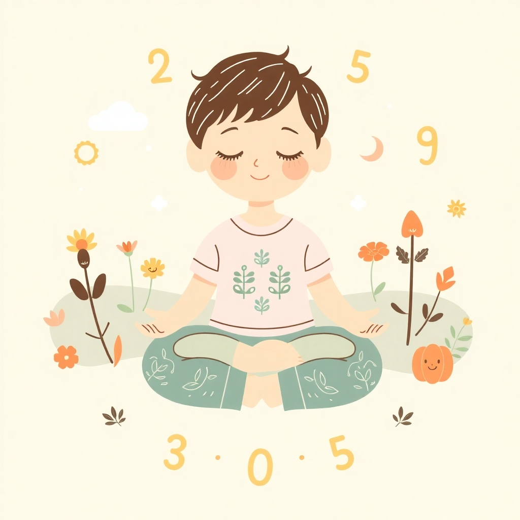 Design a stylized illustration of a child meditating, surrounded by calming imagery and Spanish numbers, peaceful color scheme
