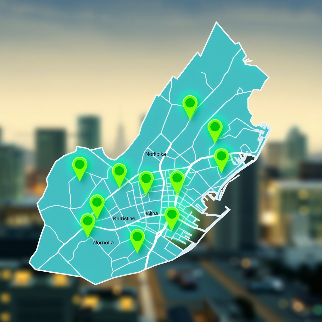 Design a stylized map of Norfolk, Virginia, highlighting cannabis dispensaries with glowing green markers. The map should have a clean, modern design. The background should be a soft, blurred cityscape. Lighting should be focused on the markers, making them stand out. The color palette should be primarily blues and greens, with pops of bright green for the dispensaries. This should feel inviting and technologically advanced.
