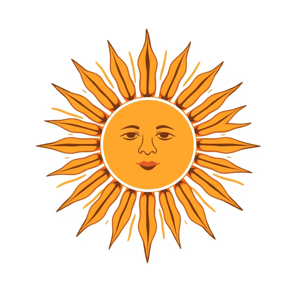 Design an illustration of a radiant sun with Spanish numbers floating around, creating a warm, optimistic atmosphere