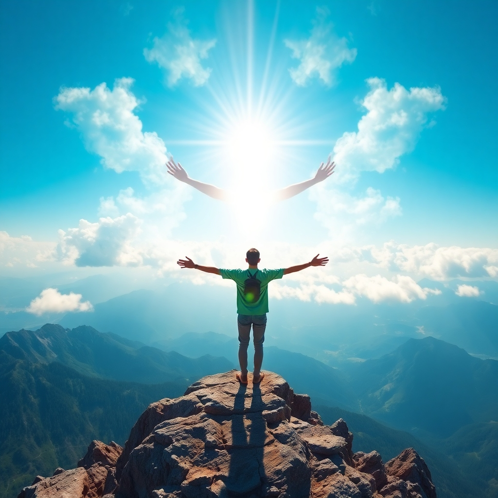 Envision a person standing on a mountaintop, arms outstretched, surrounded by a breathtaking vista. They are radiating light and energy, shaping the clouds and landscape around them with their intention. Style: Majestic, powerful, and transformative.