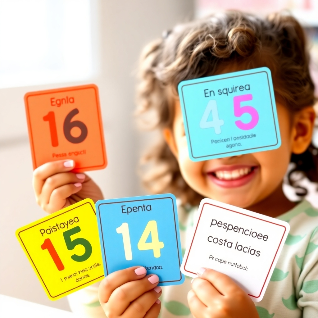 Generate a photorealistic image of a smiling child holding colorful flashcards with Spanish numbers and positive affirmations. Bright, cheerful setting, soft lighting.