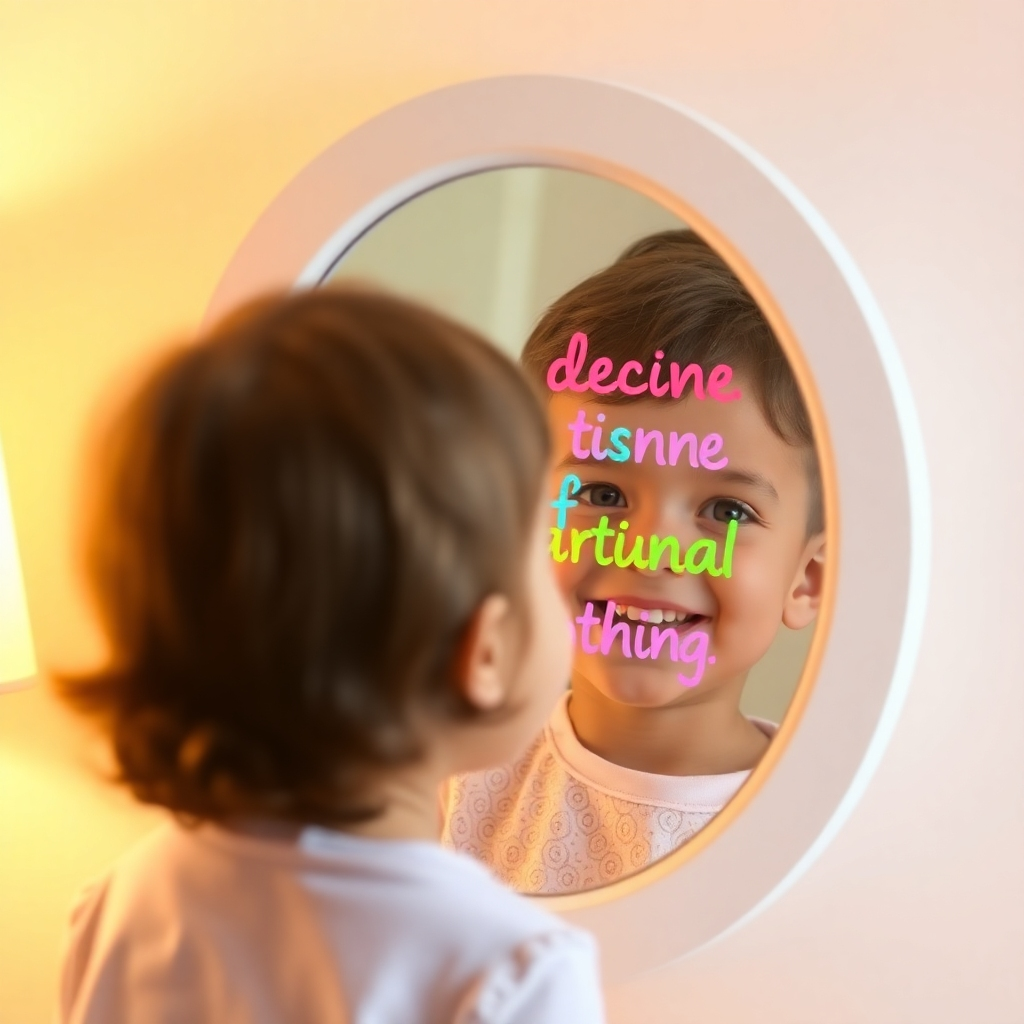 Generate a photorealistic image of a child looking in a mirror and smiling. The mirror should reflect a positive affirmation written in colorful, child-friendly font. The background should be soft and warm, enhancing the peaceful mood. Resolution: 4K. Style: Photorealistic. Color palette: Warm, inviting tones with bright accents.