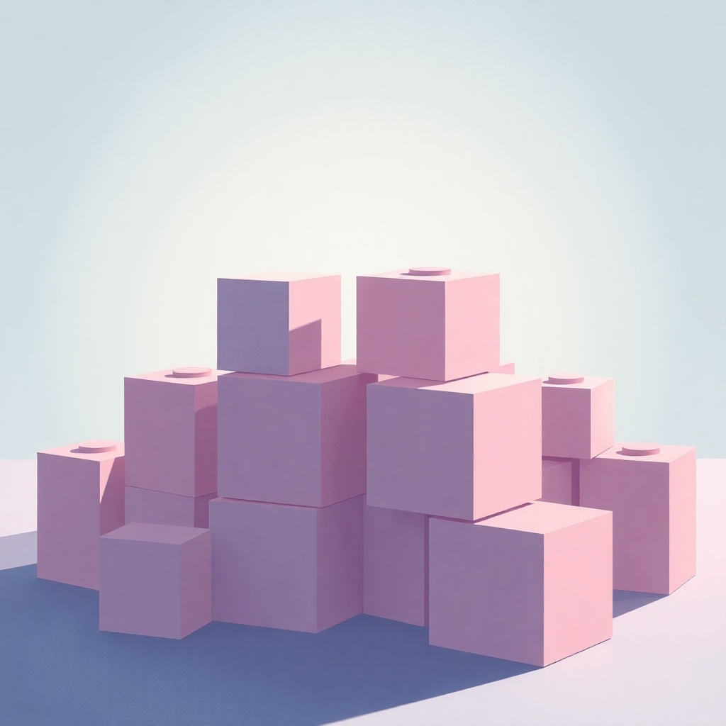 Illustrate an image of building blocks forming a strong and stable structure, with soft, calming colors and background music subtly incorporated into the scene.  The structure should symbolize the foundation of knowledge being built.