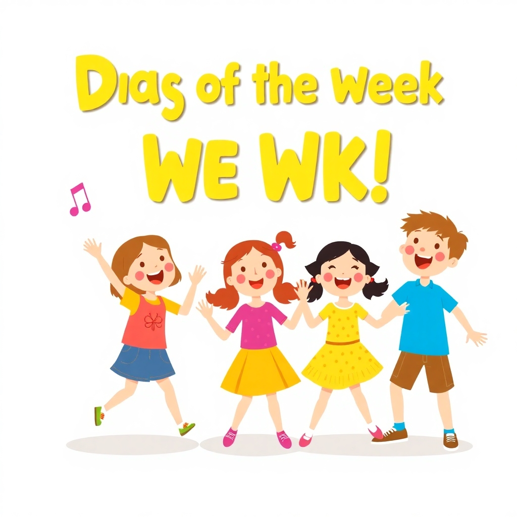Illustrative image of children singing and dancing along to a fun song about days of the week. Use a style similar to a children's music video, with dynamic movement and bright colors.