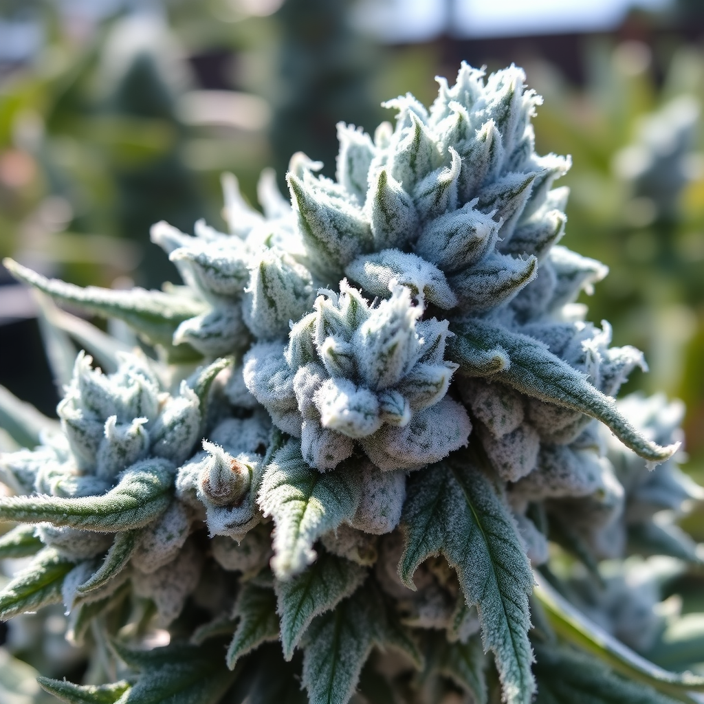 Image capturing the Blue Dream strain. The buds are large and dense with a frosty, blue-tinged appearance. The background hints at a sunlit Norfolk garden. Focus on the trichomes and the unique color. Style: Cannabis glamour shot. Technical specs: 4K resolution, high-quality, vivid colors.