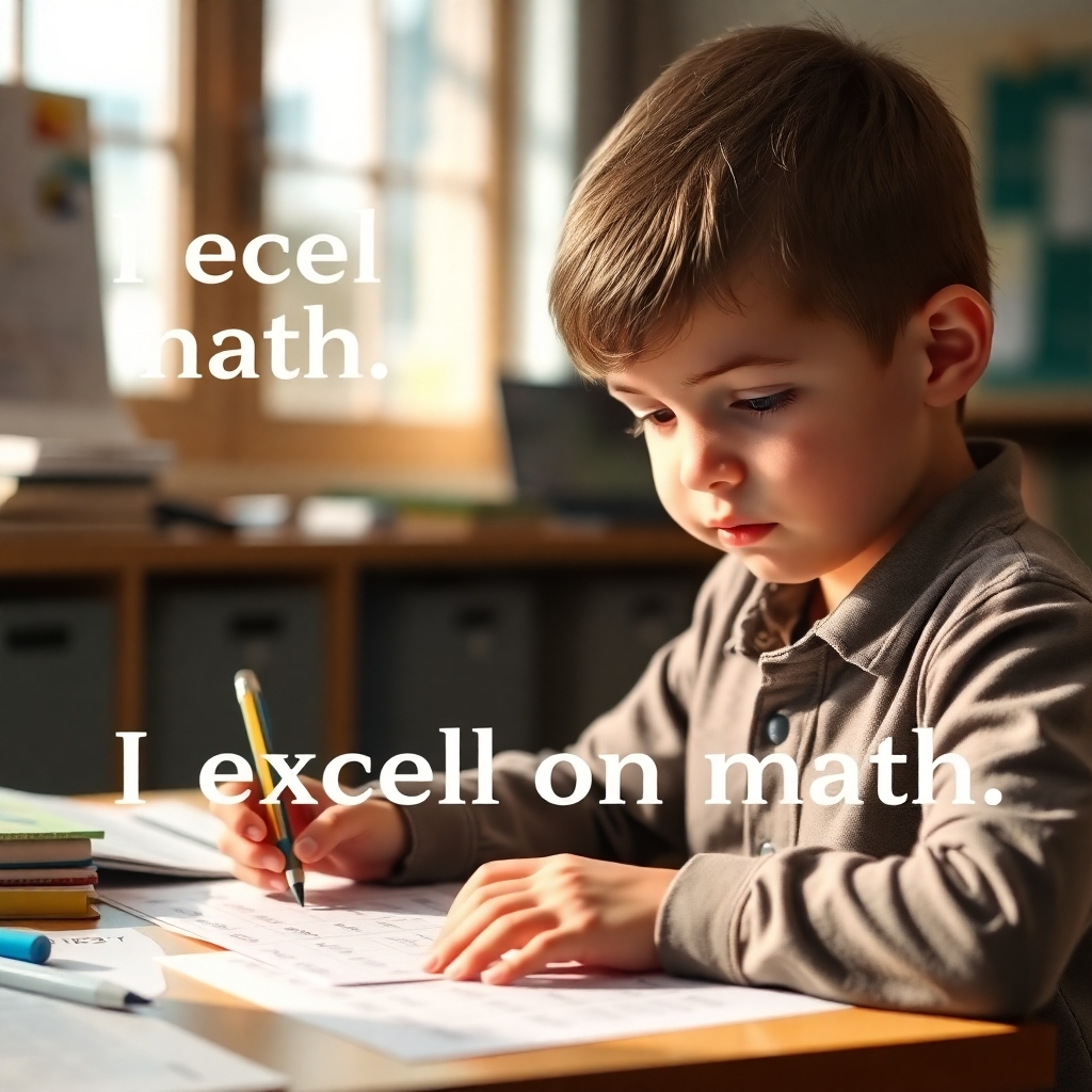 Image of a child diligently working on math problems, with affirmations like "I excel in math" subtly overlaid on the scene. The environment is a well-lit study area. The child appears focused and confident. Style: Photo-realistic with overlaid text elements. Technical specs: 4k, high quality, detailed.