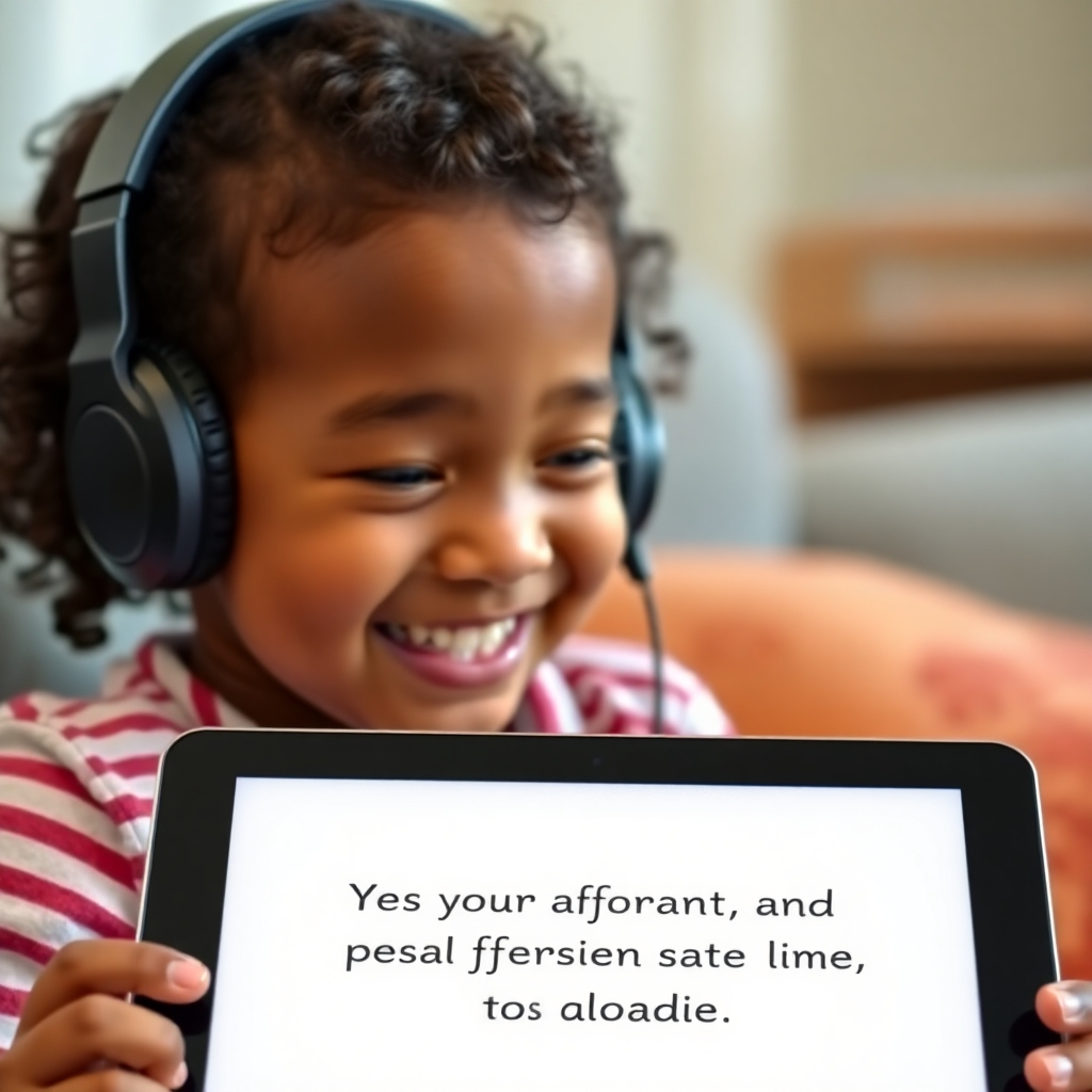 Image of a child happily listening to affirmations through headphones, with a personalized affirmation displayed on a tablet screen. The background is a cozy and supportive environment. Style: Realistic, highlighting the personalized aspect of the program. Technical specs: 4k, high quality, detailed.