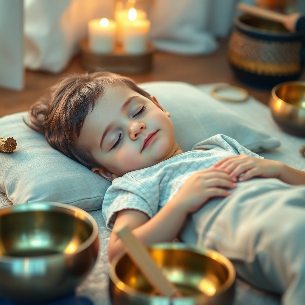 Image of a child lying comfortably in a sound healing session, surrounded by instruments like singing bowls and chimes. The lighting is soft and calming, creating a serene atmosphere. Style: Serene and peaceful, emphasizing the therapeutic benefits. Technical specs: 4k, high quality, detailed.