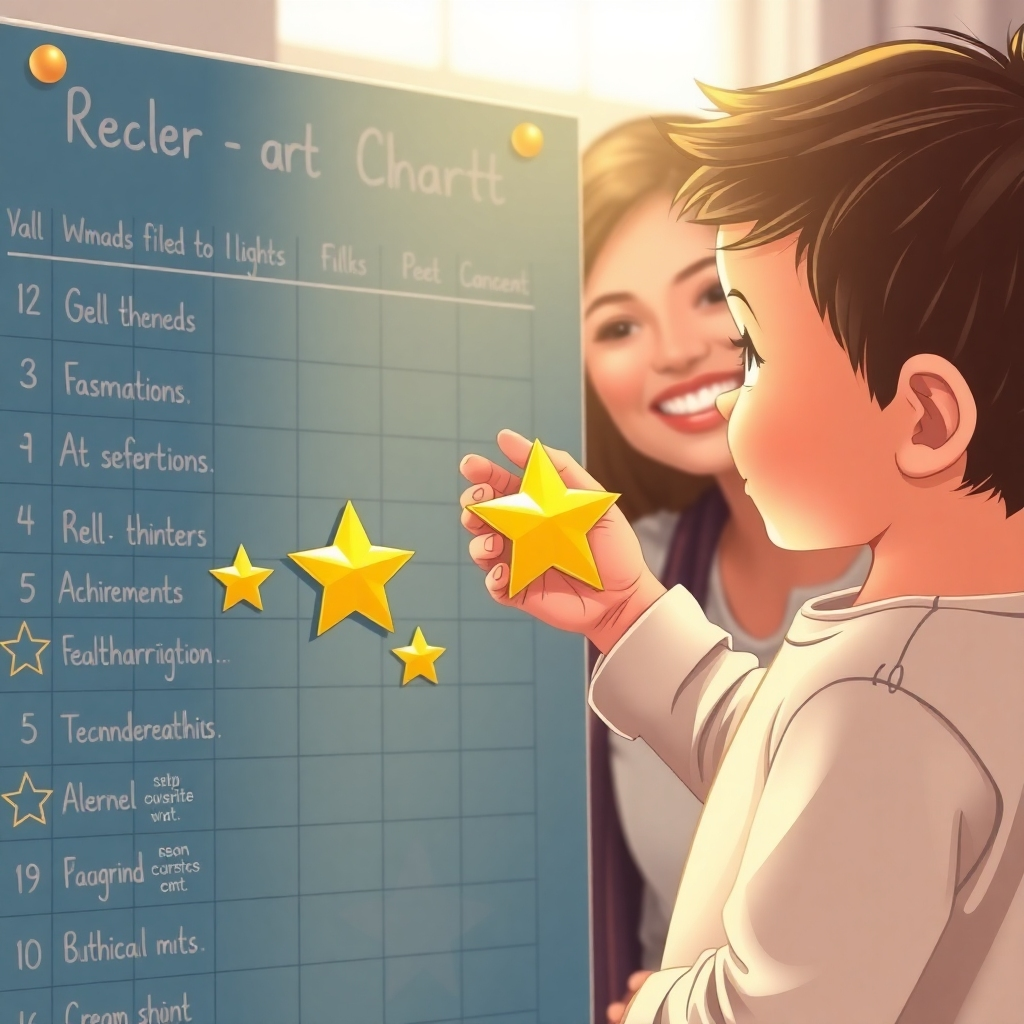 Image of a child receiving a gold star on a chart. The chart is filled with positive affirmations and small achievements, visually representing progress. A parent or mentor figure smiles encouragingly in the background. Lighting should be warm and supportive. The feel is nurturing and inspiring. Style: Classic illustration style with a modern color palette. Technical specs: 4k, high quality, detailed.