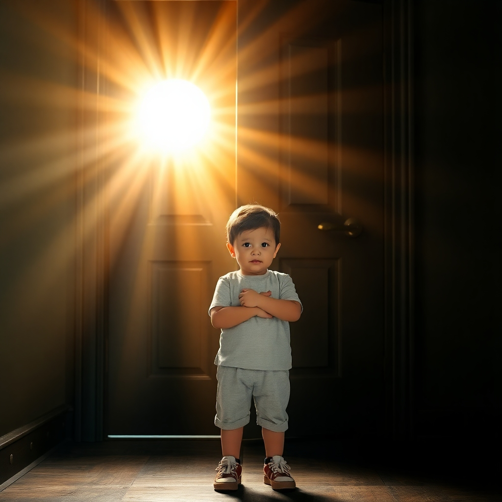 Image of a child standing in front of a locked door, with rays of light shining through the keyhole. The child looks determined and confident. The door represents limiting beliefs, and the light symbolizes unlocked potential. Style: Dramatic lighting with a sense of mystery and hope. Technical specs: 4k, high quality, detailed.
