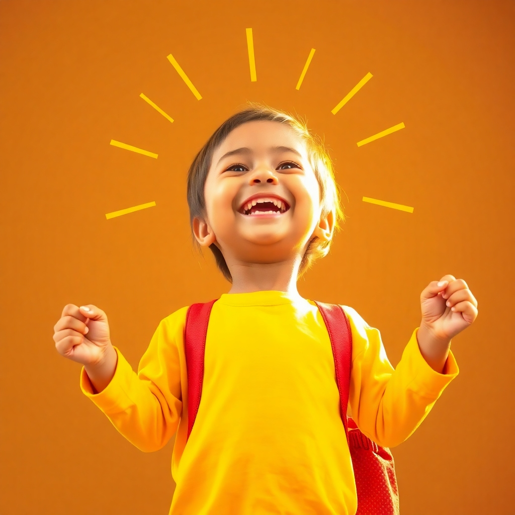 Image of a child successfully completing a task, radiating confidence and joy. Use warm, golden-yellow hues to represent optimism and success.