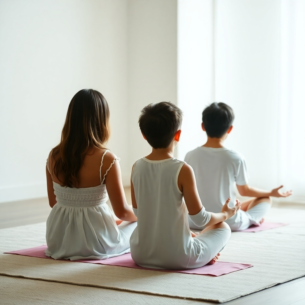 Image of a family meditating together, peaceful and serene. Soft, calming lighting.  4K resolution.