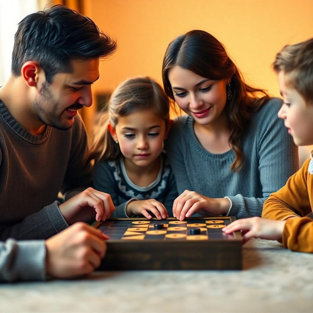 Image of a family playing a game together, focused on peaceful interaction and waiting their turns. Warm lighting, soft focus. 4K resolution.